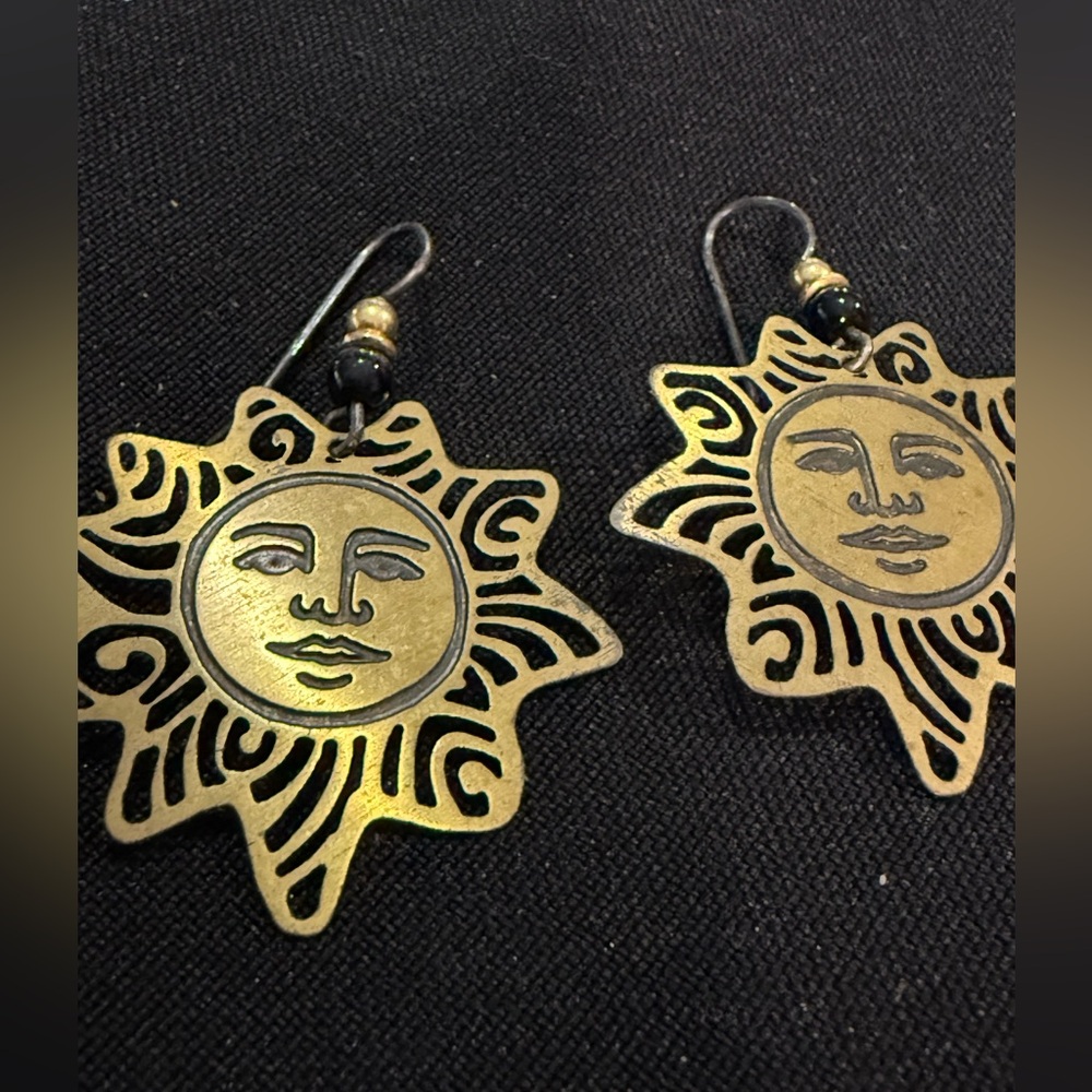 Gold-Tone Celestial Sun Face Dangle Earrings Metal - image 2
